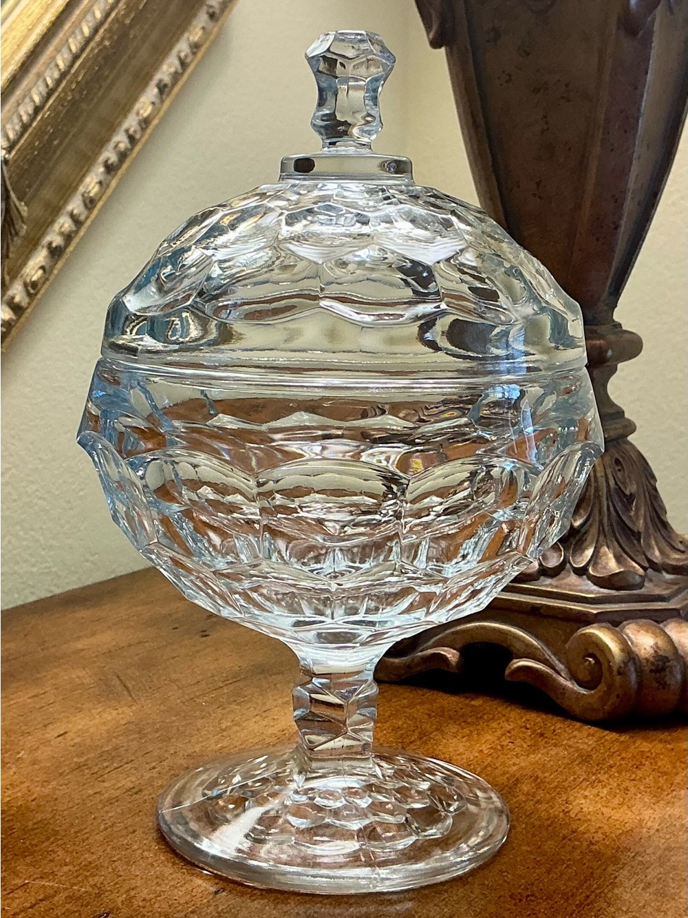 Clear Pressed Glass Pedestal Candy Jar with Lid/Glows Green-7.5”